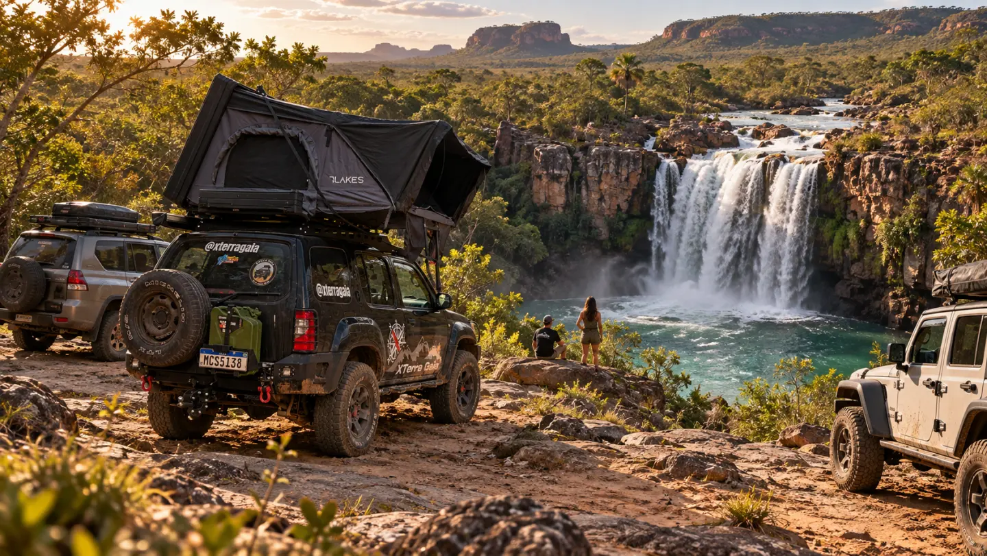 Cena ilustrativa de veículos 4x4 diante de uma cachoeira